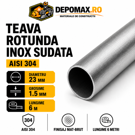Teava rotunda inox sudata AISI 304, 23 x 1.5 mm, 6 metri